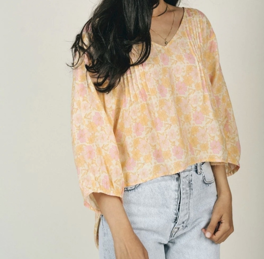 Jackson Rowe Floral Pintuck Peasant Blouse in Yellow & Pink - Picture 2 of 11